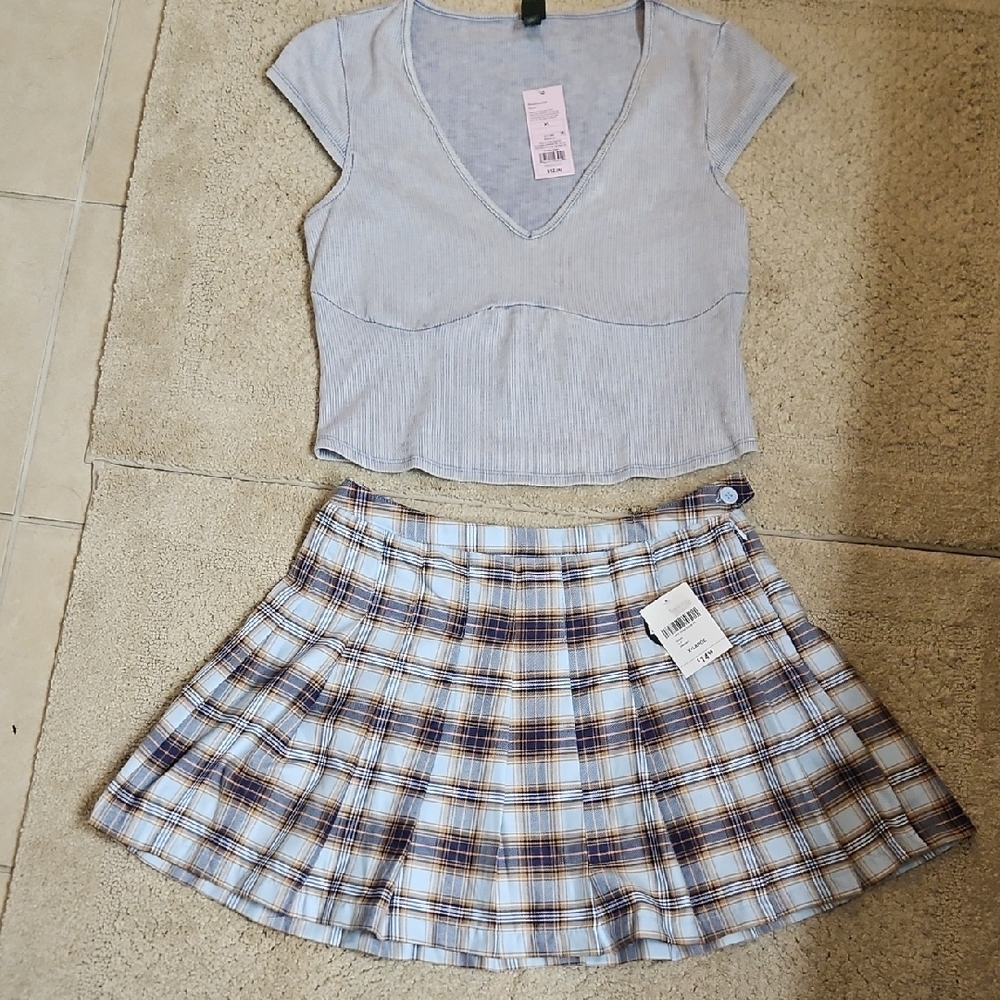 Bundle Crop Top and Skirt Forever 21 Plaid Skirt and Wild Fable Grey Ribbed Crop